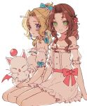  2girls aerith_gainsborough alternate_costume bare_shoulders blonde_hair bow brown_hair detached_sleeves dress earrings final_fantasy final_fantasy_vi final_fantasy_vii flower green_eyes hair_flower hair_ornament hair_ribbon jewelry long_hair moogle multiple_girls ponytail purple_eyes ribbon sana_(sanaa653) smile terra_branford white_background 