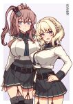  2girls absurdres belt black_belt black_sailor_collar black_skirt black_thighhighs blonde_hair blue_eyes blue_neckerchief braid breasts brown_hair colorado_(kancolle) commission cosplay cowboy_shot garter_straps grey_eyes hair_between_eyes high_side_ponytail highres kantai_collection large_breasts long_hair long_sleeves miniskirt multiple_girls namaata neckerchief noshiro_(kancolle) noshiro_kai_ni_(kancolle) noshiro_kai_ni_(kancolle)_(cosplay) open_mouth pleated_skirt ponytail sailor_collar saratoga_(kancolle) school_uniform serafuku short_hair side_braids side_ponytail skeb_commission skirt smile smokestack_hair_ornament standing thighhighs 