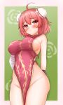  1girl ahoge arm_behind_back bandaged_arm bandages blush breasts bun_cover commentary covered_navel cowboy_shot double_bun floral_background green_background groin hair_bun highres ibaraki_kasen kasoka_soka large_breasts naked_tabard pink_hair short_hair sideboob solo tabard touhou 