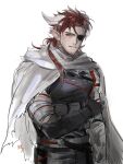  1boy arknights black_gloves black_jacket black_shirt demon_horns eyepatch gloves highres hoederer_(arknights) horns jacket long_hair looking_at_viewer male_focus pointy_ears red_eyes red_hair shirt yinchuanhudie 