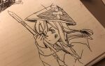  1girl closed_mouth commentary dutch_angle greyscale hat highres holding holding_polearm holding_weapon jingasa kashikaze long_hair looking_at_viewer monochrome nib_pen_(medium) original polearm scrape sidelocks solo traditional_media weapon 