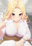 1girl :o absurdres blonde_hair blurry blurry_background bracelet breasts brown_eyes ceiling classroom cleavage clock collarbone collared_shirt commentary_request eraser highres holding holding_pencil indoors jewelry large_breasts looking_at_viewer mechanical_pencil mole mole_on_breast notebook open_mouth original pencil sakamata_(sakamata4) shirt sitting sleeves_rolled_up solo upper_body wall_clock wavy_hair white_shirt window 