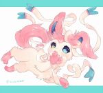  animal_focus blue_eyes bow claws commentary full_body green_eyes hand_on_own_face heterochromia hideko_(l33l3b) highres lying no_humans on_side pokemon pokemon_(creature) ribbon signature simple_background solo tongue tongue_out twitter_username white_background 