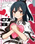  1girl belt black_hair blush cherry_bomb_(love_live!) commentary english_text grey_eyes hair_ribbon half_updo heart holding long_hair looking_at_viewer love_live! love_live!_nijigasaki_high_school_idol_club ribbon ryxxxxx sidelocks smile solo upper_body yuuki_setsuna_(love_live!) 