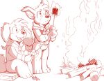  2018 anthro bottomless campfire candy canid canine canis clothed clothing cub_scouts dessert domestic_dog duo fire food housepets! looking_at_object male mammal marshmallow monochrome neckerchief open_mouth red_and_white rick_griffin sitting standing webcomic 