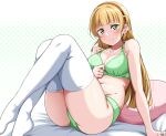  1girl bare_shoulders blonde_hair blush bra closed_mouth collarbone commentary_request green_bra green_eyes green_panties hair_ornament hairband heanna_sumire highres long_hair looking_at_viewer love_live! love_live!_superstar!! navel orange_hairband panties pillow sitting solo thighhighs thighs underwear white_thighhighs yopparai_oni 