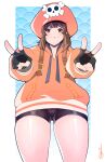  1girl bike_shorts black_gloves black_shorts brown_eyes brown_hair cabbie_hat double_v fingerless_gloves gloves guilty_gear guilty_gear_strive hat hat_ornament highres hood hoodie its_just_suppi long_hair looking_at_viewer may_(guilty_gear) orange_headwear orange_hoodie shorts skull_and_crossbones skull_hat_ornament smile v 