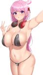  1girl absurdres armpits bare_arms bare_legs bare_shoulders bikini black_bikini blue_archive blush braid breasts cleavage collarbone cowboy_shot eimi_(blue_archive) halo headphones headphones_around_neck highres large_breasts long_hair looking_at_viewer navel open_mouth pink_eyes pink_hair pink_halo sharen simple_background single_braid solo swimsuit v very_long_hair white_background zipper zipper_bikini 