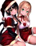  2girls angel_maker asakura_karen_(heaven_burns_red) black_hair blonde_hair dress fur-trimmed_headwear fur_trim green_eyes hair_between_eyes hat heaven_burns_red highres long_hair multiple_girls red_dress santa_costume santa_hat tail toujou_tsukasa yellow_eyes 