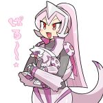  1girl armor blush claws commentary_request fang holding holding_pokemon kasugai_(de-tteiu) long_hair open_mouth palkia personification pink_hair pokemon pokemon_(creature) pokemon_dppt pokemon_platinum ponytail red_eyes shirt tail translation_request 