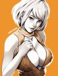  artist_name ashley_graham blonde_hair breasts cleavage cleavage_cutout clothing_cutout english_commentary hand_on_own_chest highres jewelry large_breasts lips looking_at_viewer missfaves necklace orange_background orange_sweater orange_theme resident_evil resident_evil_4 short_hair sleeveless sleeveless_sweater sleeveless_turtleneck sweater turtleneck turtleneck_sweater upper_body 