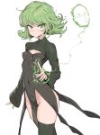  1girl absurdres black_dress black_sweater black_thighhighs breasts covered_navel covered_nipples cropped_sweater curly_hair dress green_eyes green_hair highres mr_tangsuyuk one-punch_man saitama_(one-punch_man) short_hair small_breasts solo sweater tatsumaki thighhighs white_background 