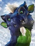  2023 3:4 ambient_bird ambiguous_gender avian bird black_horn blue_body blue_scales dated detailed dragon facial_hair fangs feral front_view glistening glistening_eyes goatee green_body green_eyes green_inner_ear green_scales hi_res horn khyaber looking_at_viewer mouth_closed scales scalie signature solo teeth 