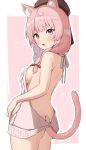  1girl absurdres ahoge animal_ear_fluff animal_ears ass backless_outfit bare_arms bare_back bare_shoulders beret blush breasts brown_headwear butt_crack cat_ears cat_girl cat_tail commentary_request commission cowboy_shot embarrassed fang grey_sweater hair_ribbon hat highres indie_virtual_youtuber izumiya_konomi long_hair looking_at_viewer medium_breasts meme_attire open_mouth outline pink_background pink_eyes pink_hair pink_tail red_ribbon ribbon second-party_source sideboob skeb_commission skin_fang solo split_mouth spoken_blush standing sweater tail tail_raised twintails variant_set virgin_killer_sweater virtual_youtuber wanimaru white_background white_outline 
