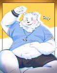  anthro belly blue_eyes blush bulge canid canine canis clothing domestic_dog dontnoyouhowto fur hi_res lifewonders live_a_hero looking_at_viewer male mammal navel nordic_sled_dog overweight samoyed solo spitz underwear white_body white_fur wristband yohack 