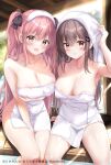  2girls black_bow bow breasts brown_hair cleavage collarbone commentary_request hair_bow hair_ornament hairclip large_breasts long_hair multiple_girls naked_towel onsen original pink_hair rikatan towel towel_on_head 