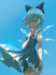  1girl absurdres blue_dress blue_eyes blue_hair bow breasts cirno dress floating_clothes floating_hair flower hair_bow highres holding holding_flower ice ice_wings looking_at_viewer pinafore_dress shirt short_hair short_sleeves sleeveless sleeveless_dress small_breasts solo touhou uroam white_shirt wings 