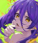 1girl absurdres crystalherb fingernails green_background highres long_hair looking_at_viewer mole mole_under_mouth nail_polish nude open_mouth original purple_hair teeth upper_body yellow_eyes yellow_nails 