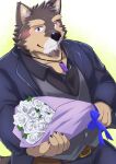  absurd_res anthro blush bouquet brown_body brown_fur clothing fur hi_res jewelry lifewonders live_a_hero male muscular muscular_anthro muscular_male nazebesu_hobby necklace pubraseer solo suit 