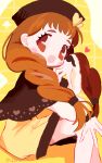  1girl :d absurdres arisugawa_himari beret blush braid brown_capelet brown_eyes brown_hair brown_headwear capelet commentary_request dress hair_over_shoulder hand_on_own_face hand_up hat highres kirakira_precure_a_la_mode long_hair long_sleeves looking_at_viewer noniha open_mouth precure single_braid sitting smile solo twitter_username yellow_background yellow_dress 