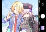  2girls arm_grab black_coat black_headwear blazer blonde_hair blue_jacket blush charlotta_skopovskaya closed_eyes coat collared_shirt commentary_request facing_viewer fur_hat grey_hair grey_sweater hair_over_one_eye hat heaven_burns_red jacket kayamori_ruka long_hair long_sleeves looking_at_another looking_at_viewer multiple_girls necktie one_eye_covered open_mouth red_necktie shirt short_hair sleeves_past_wrists smile sweater taketatsu_(bamboo_stand09) upper_body ushanka v viewfinder white_shirt yellow_eyes 