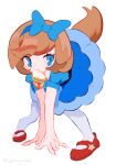  1girl absurdres animal_ears arm_support blue_bow blue_dress blue_eyes blue_hairband bow brown_hair commentary_request delicious_party_precure dog_ears dog_girl dog_tail dress food full_body hair_bow hairband highres leaning_forward looking_at_viewer mouth_hold noniha pam-pam_(precure) pam-pam_(precure)_(human) pantyhose precure red_footwear sandwich shoes short_hair simple_background solo standing tail white_background white_pantyhose 