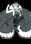  1girl black_gloves black_pantyhose breasts buttons collared_shirt danganronpa:_trigger_happy_havoc danganronpa_(series) danganronpa_v3:_killing_harmony dress dress_shirt gloves green_eyes grey_hair hair_over_one_eye knee_up lace-trimmed_dress lace_trim large_breasts long_dress long_sleeves looking_at_viewer maid_headdress necktie no_shoes open_mouth pantyhose pinafore_dress qqubbell raised_eyebrows shirt short_hair sleeveless sleeveless_dress solo tojo_kirumi 
