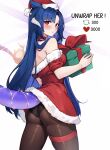  2girls absurdres ass blue_hair breasts choker cowboy_shot dragon_girl dragon_horns dragon_tail dress english_commentary english_text gift hat heart highres horns indie_virtual_youtuber like_and_retweet long_hair looking_at_viewer multiple_girls multiple_horns panties pantyhose rer_goku santa_dress santa_hat short_sleeves small_breasts solo tail thigh_strap underwear vienna_(vtuber) virtual_youtuber 