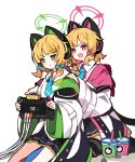  2girls animal_ear_headphones animal_ears black_skirt blonde_hair blue_archive blue_bow blue_necktie bow cable cat_ears cat_tail collared_shirt commentary_request controller cup fake_animal_ears feet_out_of_frame game_controller green_eyes green_halo hair_bow halo hand_on_another&#039;s_shoulder headphones highres holding holding_controller holding_game_controller hood hood_down hooded_jacket ideolo jacket long_sleeves looking_ahead midori_(blue_archive) momoi_(blue_archive) multiple_girls necktie off_shoulder open_mouth parted_bangs pink_bow pink_eyes pink_halo pleated_skirt revision shirt short_hair siblings simple_background sisters sitting sitting_on_object skirt tail twins v-shaped_eyebrows white_background white_jacket white_shirt wide_sleeves 