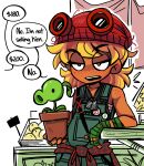  1girl absurdres annoyed body_freckles colored_skin english_commentary english_text flower_pot freckles frown green_overalls half-closed_eyes highres holding holding_flower_pot open_mouth orange_skin peargor peashooter_(plants_vs_zombies) plant plants_vs_zombies plants_vs_zombies_heroes potted_plant red_beanie solar_flare_(plants_vs_zombies_heroes) speech_bubble standing talking teeth upper_teeth_only yellow_eyes 