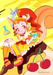  1girl absurdres animal_ears arisugawa_himari arm_up cherry commentary_request cure_custard dress elbow_gloves extra_ears flask food food-themed_hair_ornament frilled_dress frills fruit full_body gloves hair_ornament hand_up high_ponytail highres holding holding_food holding_spoon kirakira_precure_a_la_mode knees_up long_hair looking_at_viewer magical_girl noniha open_mouth orange_eyes orange_hair precure pudding sandals sitting smile socks solo spoon squirrel_ears squirrel_tail tail w white_gloves yellow_background yellow_dress yellow_socks 