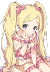  1girl between_legs blonde_hair blush bow bracelet character_name child dot_nose dress emily_stewart floral_print frilled_dress frills hair_bow hand_between_legs hand_on_own_cheek hand_on_own_face idolmaster idolmaster_million_live! jewelry kuresuku_(lessons) long_hair looking_at_viewer medium_dress nervous parted_bangs pink_bow purple_eyes purple_footwear red_ribbon ribbon shoes short_sleeves simple_background sitting solo straight_hair tareme twintails wariza white_background yellow_dress 