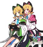  2girls animal_ear_headphones animal_ears black_skirt blonde_hair blue_archive blue_bow blue_necktie bow cable cat_ears cat_tail collared_shirt commentary_request controller cup fake_animal_ears game_controller green_eyes hair_bow hand_on_another&#039;s_shoulder headphones highres holding holding_controller holding_game_controller hood hood_down hooded_jacket ideolo jacket long_sleeves looking_ahead midori_(blue_archive) momoi_(blue_archive) multiple_girls necktie off_shoulder open_mouth parted_bangs pink_bow pink_eyes pleated_skirt shirt short_hair siblings simple_background sisters sitting sitting_on_object skirt tail twins v-shaped_eyebrows white_background white_jacket white_shirt wide_sleeves 
