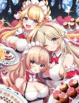  3girls aisu_(i_ce_pinon_pino) aqua_eyes azur_lane bare_shoulders bird blonde_hair blue_eyes blush bow bowtie breasts brest_(azur_lane) candy checkerboard_cookie cherry chick chocolate cleavage cookie cupcake dress food frilled_dress frilled_headwear frills fruit hair_ornament hairband hairclip heart heart-shaped_chocolate highres holding holding_plate howe_(azur_lane) large_breasts long_hair looking_at_viewer manjuu_(azur_lane) multiple_girls one_eye_closed open_mouth parted_bangs parted_lips plate pointy_ears red_bow red_bowtie red_hairband smile swept_bangs upper_body victorious_(azur_lane) white_bow white_bowtie white_dress 