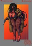  absurd_res anthro bent_over big_breasts black_clothing black_hair black_shirt black_topwear bodily_fluids bottomwear breasts clothing corpse_eater dragon female fur_coat gun hair hand_on_hip handgun hi_res horn horned_humanoid humanoid pants ranged_weapon red_body red_bottomwear red_clothing red_pants red_skin revolver shirt solo sweat sweatdrop thick_thighs topwear weapon 