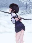  1girl arms_behind_back bdsm black_hair blue_skirt bondage bound collar cuffs funitarefu heavy_breathing highres injury leash looking_up open_mouth original outdoors pleated_skirt school_uniform shackles short_hair short_sleeves skirt snow thighs tree whip_marks winter 