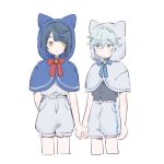  2boys animal_hood artist_request blue_eyes blue_hair cat_hood chongyun_(genshin_impact) commission cowboy_shot genshin_impact holding_hands hood light_blue_hair looking_at_another male_focus multiple_boys second-party_source short_hair simple_background smile white_background xingqiu_(genshin_impact) yaoi yellow_eyes 
