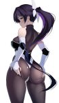  1girl ass azur_lane bare_shoulders black_hair bodystocking bow breasts commentary_request cowboy_shot elbow_gloves fingerless_gloves from_behind gloves hair_bow hand_on_own_ass highres large_breasts long_hair looking_at_viewer looking_back multicolored_hair multicolored_leotard official_alternate_costume purple_hair race_queen revision simple_background solo spread_ass takao_(azur_lane) takao_(full_throttle_charmer)_(azur_lane) tomoyuki_hino two-tone_hair two-tone_leotard very_long_hair white_background white_bow yellow_eyes 