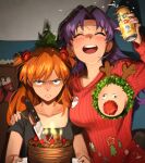  2girls absurdres angry black_shirt blue_eyes breasts cake can chocolate_cake closed_eyes english_commentary food highres holding holding_can katsuragi_misato khyle. knife long_hair multiple_girls neon_genesis_evangelion open_mouth orange_hair purple_hair red_sweater shirt smile souryuu_asuka_langley strawberry_cake sweater 