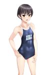  1girl absurdres black_hair blue_one-piece_swimsuit blue_sky brown_eyes commentary_request competition_school_swimsuit covered_navel feet_out_of_frame hand_on_own_hip highres name_tag one-piece_swimsuit original school_swimsuit short_hair simple_background sky solo standing swimsuit takafumi tomboy variant_set white_background 