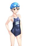  1girl absurdres black_hair blue_headwear blue_one-piece_swimsuit blue_sky brown_eyes commentary_request competition_school_swimsuit covered_navel feet_out_of_frame goggles goggles_on_head hand_on_own_hip highres name_tag one-piece_swimsuit original school_swimsuit short_hair simple_background sky solo standing swim_cap swimsuit takafumi tomboy variant_set white_background 