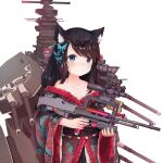  1girl absurdres aged_down animal_ear_fluff animal_ears azur_lane black_hair black_kimono blue_eyes butterfly_hair_ornament cat_ears commentary_request fusou_(azur_lane) grenade_launcher gun hair_ornament highres holding holding_gun holding_weapon japanese_clothes kimono long_sleeves underbarrel_grenade_launcher weapon wu_yu_bobosha 