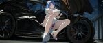  1girl absurdres alternate_breast_size azur_lane bare_shoulders black_c blue_hair breasts car_interior cleavage dress earrings evening_gown grey_dress hair_ornament halter_dress halterneck highres jewelry large_breasts mclaren_p1 official_alternate_costume revealing_clothes side_ponytail sidelocks silver_dress silver_footwear solo st._louis_(azur_lane) st._louis_(luxurious_wheels)_(azur_lane) thighs 