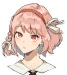  1girl braid close-up closed_mouth cropped_head fire_emblem fire_emblem_engage hair_ornament hair_ribbon hairband highres lapis_(fire_emblem) open_mouth parted_lips pink_eyes pink_hair red_hairband ribbon short_hair side_braid signature simple_background solo two-tone_hairband white_background white_ribbon yachimata_1205 