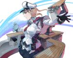  1girl anchor black_gloves blonde_hair blue_eyes blush breasts capelet celtic_knot cowboy_shot cross flight_deck gegeron gloves graf_zeppelin_(kancolle) hair_between_eyes hat highres holding holding_turret iron_cross kantai_collection large_breasts long_hair machinery military military_hat military_uniform necktie pantyhose peaked_cap rigging sidelocks signature skirt solo turret twintails uniform white_background 