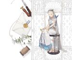  1girl absurdres blue_eyes choker dress earrings envelope flower grey_hair hairband halo highres holding_halo hourglass jewelry key letter_opener long_hair original ring sandals shigeru_do_dai_ga_cha sitting solo spool very_long_hair wax_seal wax_stamp white_dress white_flower 