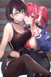  2girls absurdres asaikeu asymmetrical_docking azur_lane baltimore_(azur_lane) bare_shoulders bikini breast_press breasts bremerton_(azur_lane) brown_hair cheek-to-cheek choker cleavage closed_mouth collarbone hair_between_eyes heads_together highres jacket large_breasts looking_at_viewer midriff miniskirt multicolored_hair multiple_girls one_eye_closed open_clothes open_jacket pantyhose pink_bikini pink_eyes pink_hair short_hair sideboob sitting skirt smile streaked_hair swimsuit twintails v yellow_eyes 