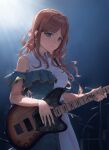  1girl bang_dream! bang_dream!_it&#039;s_mygo!!!!! blue_dress blue_eyes brown_hair dress earrings electric_guitar guitar holding holding_guitar holding_instrument instrument jewelry long_hair multicolored_clothes multicolored_dress music nagasaki_soyo naxile necklace pearl_necklace playing_instrument smile solo stage_lights white_dress 