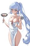  1girl absurdres apron bacon blue_eyes blue_hair blunt_bangs breasts cleavage commentary cowboy_shot egg food frying_pan genshin_impact highres holding holding_frying_pan holding_spatula hong_(vsak3373) kamisato_ayaka long_hair looking_at_viewer medium_breasts naked_apron ponytail smile solo spatula standing thighs very_long_hair white_apron 