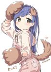  animal_ears animal_hands blue_hair blush brown_eyes character_name cowboy_shot dog_ears dog_tail dot_nose embarrassed floppy_ears from_side gloves hand_on_own_head hood hood_down hoodie idolmaster idolmaster_(classic) kisaragi_chihaya kuresuku_(lessons) long_hair long_sleeves looking_back overalls paw_gloves pink_overalls simple_background standing straight_hair sweatdrop tail tail_wagging tareme white_background white_hoodie 